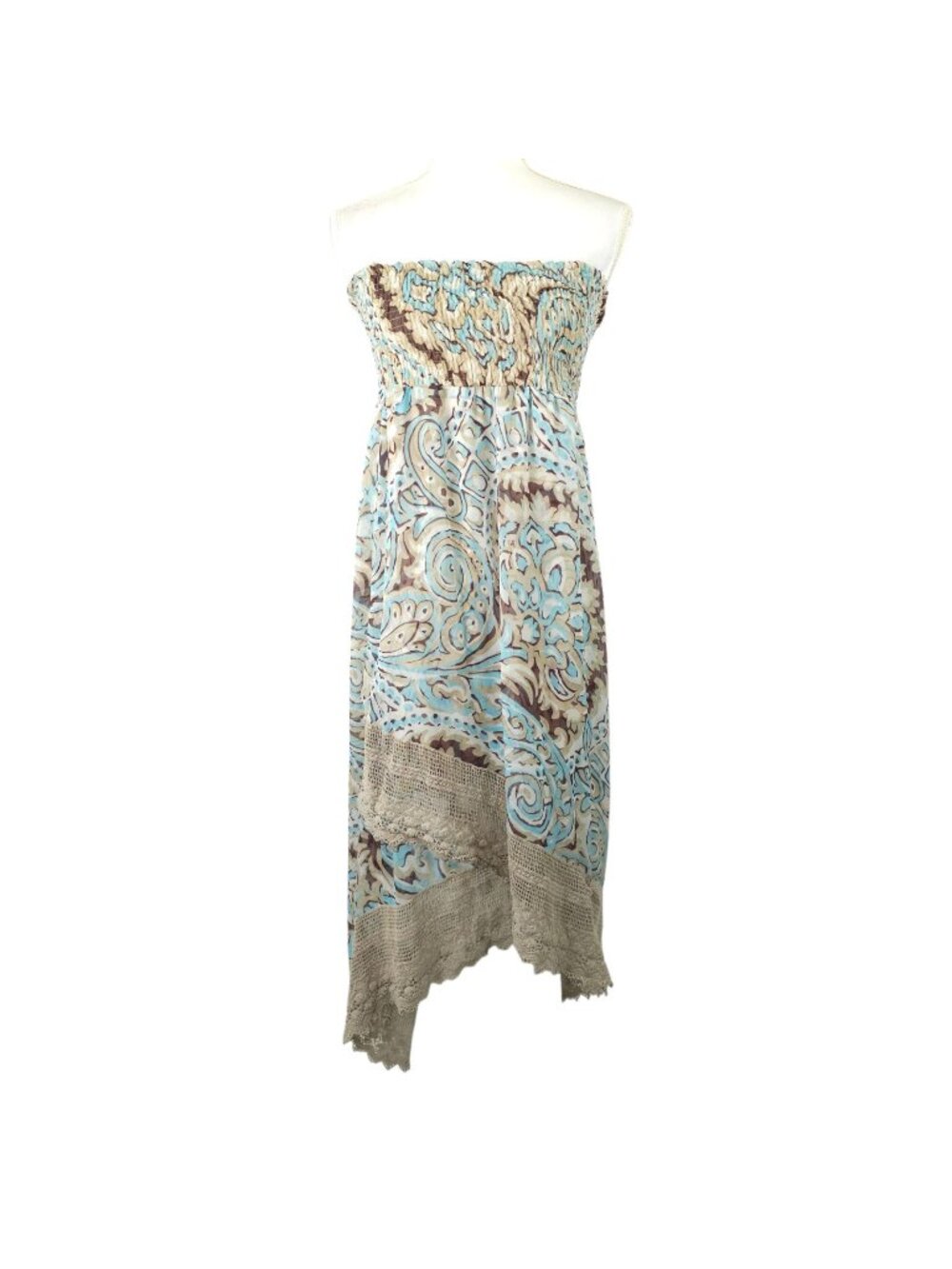 Rancho Estancia M Dress Strapless Paisley Smocked Bodice Asymmetrical Lace Hem